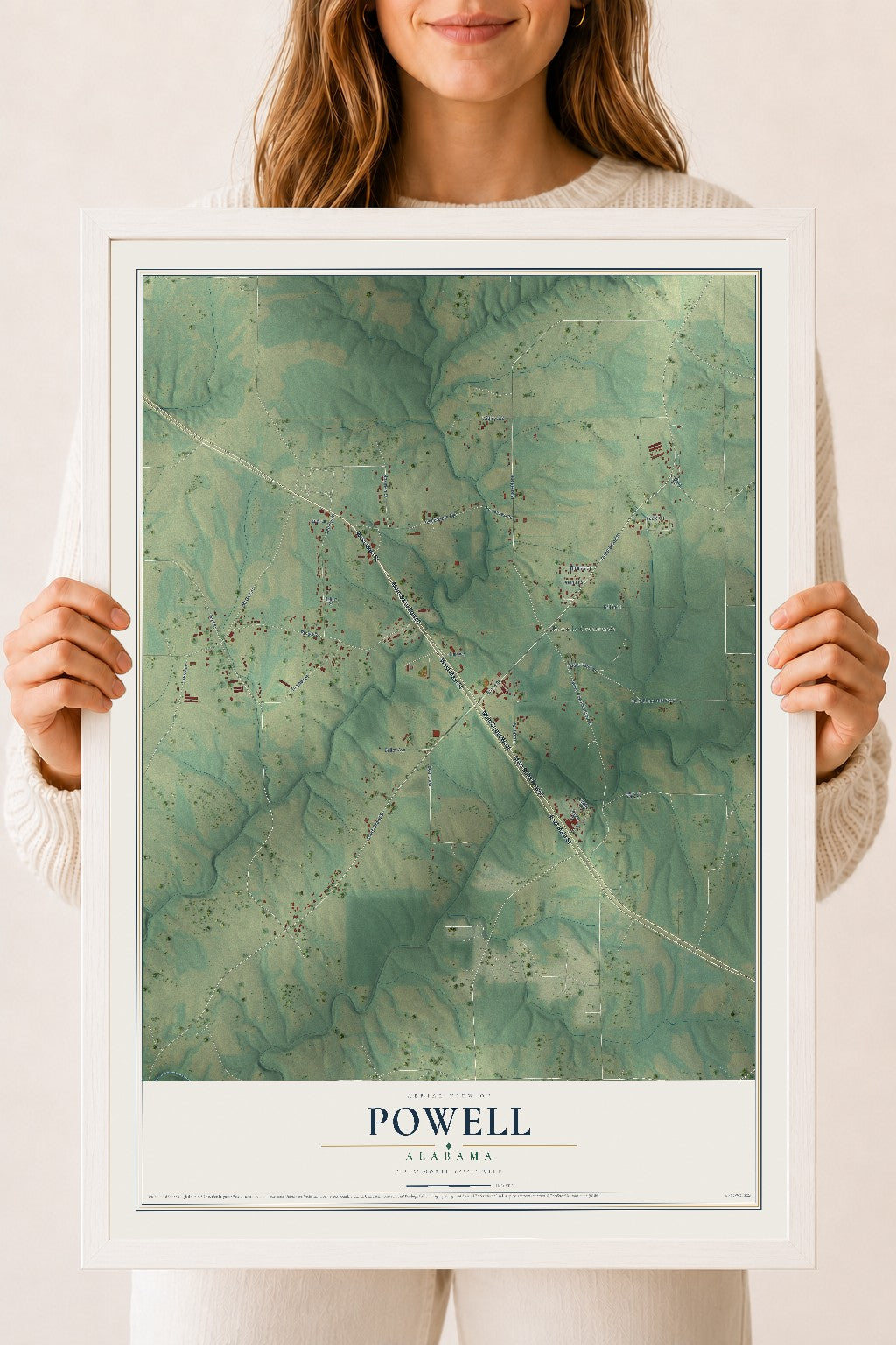 Map of Powell, Alabama, 18 x 24 inch print in a white wood frame