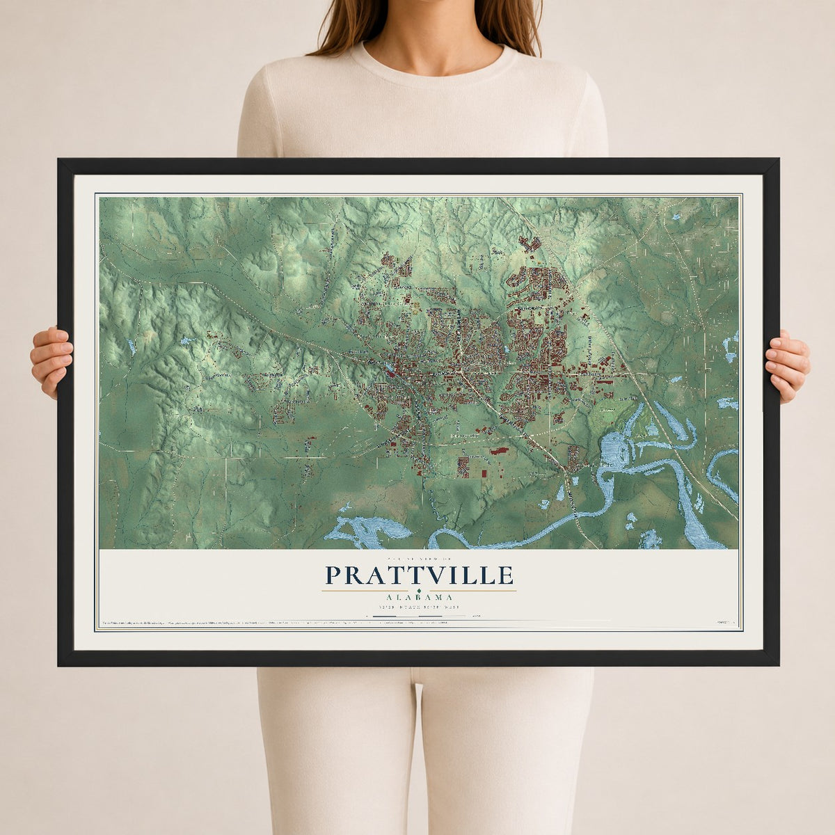 Map of Prattville, Alabama, 24 x 36 inch print in a black wood frame