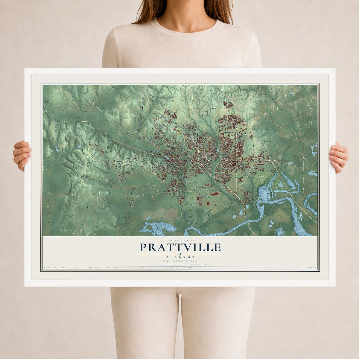 Map of Prattville, Alabama, 24 x 36 inch print in a white wood frame