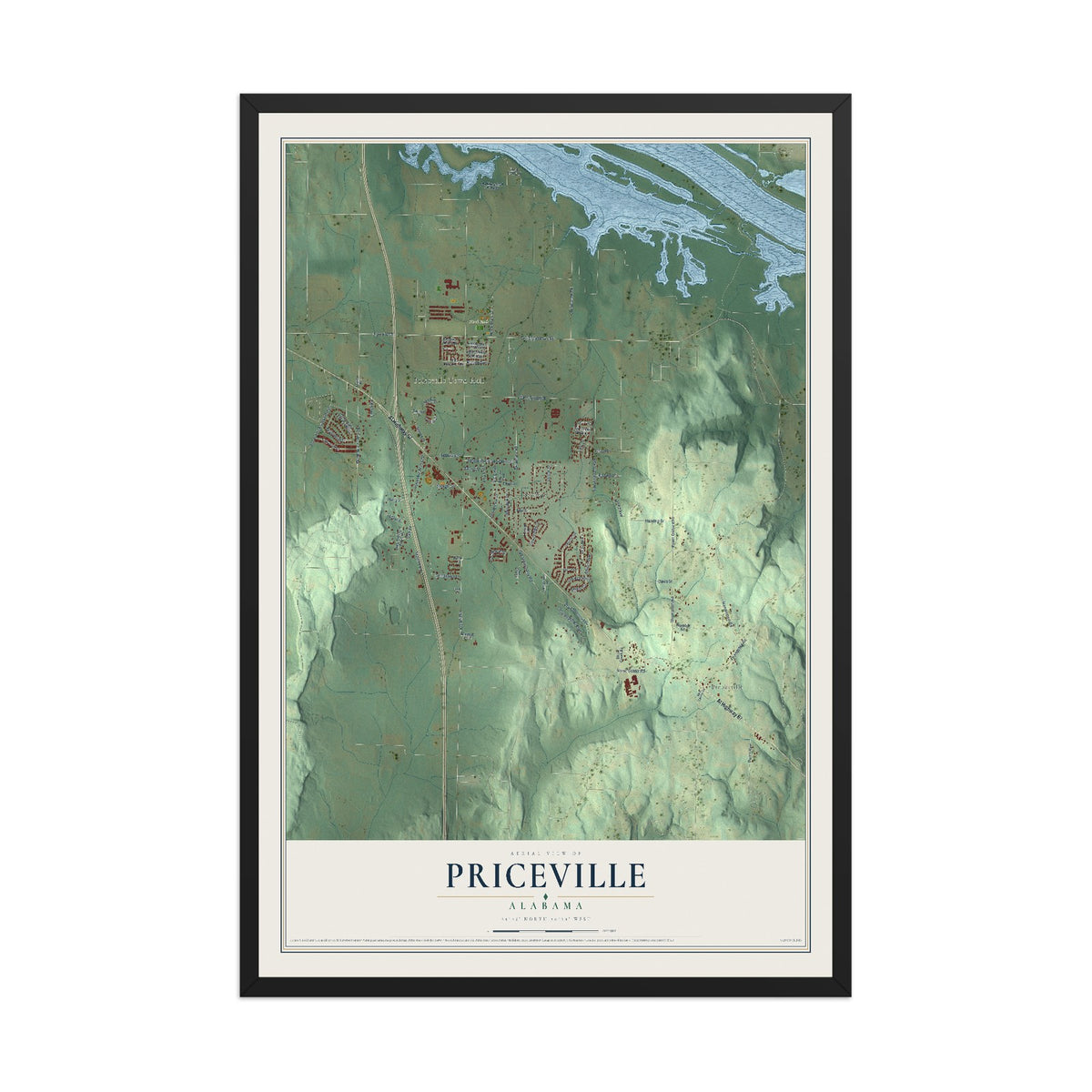 Map of Priceville, Alabama, 12 x 18 inch print in a black wood frame