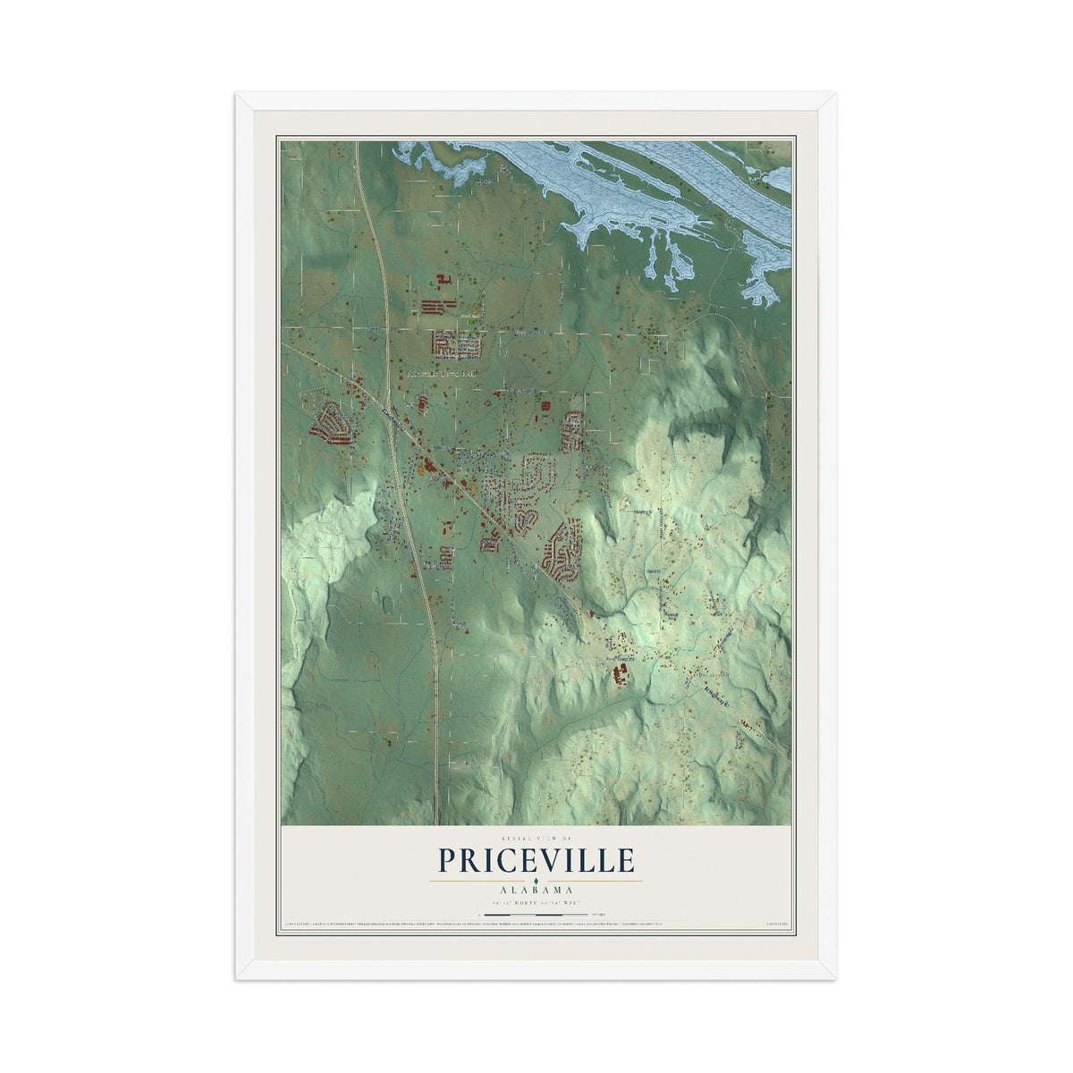 Map of Priceville, Alabama, 12 x 18 inch print in a white wood frame
