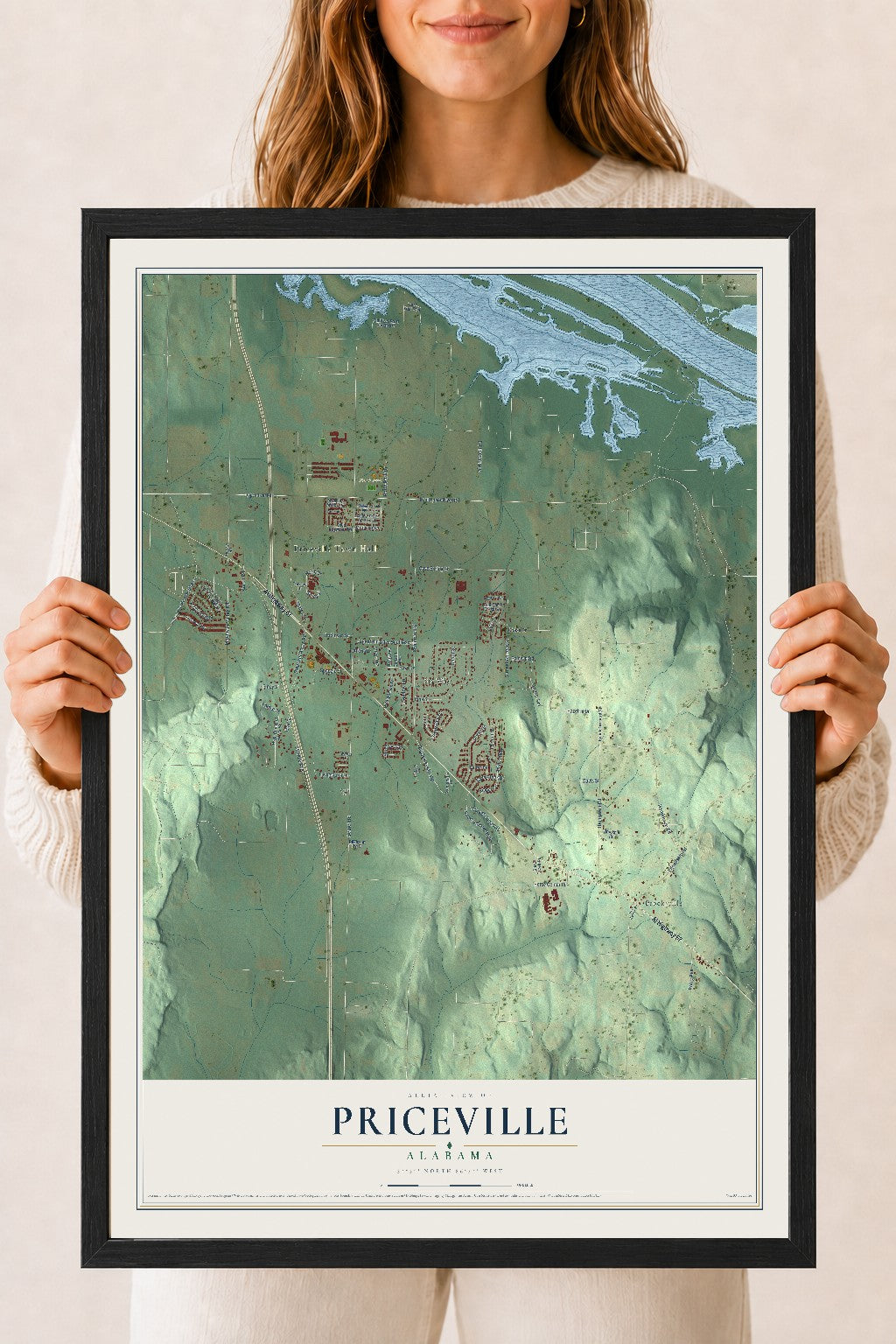 Map of Priceville, Alabama, 18 x 24 inch print in a black wood frame