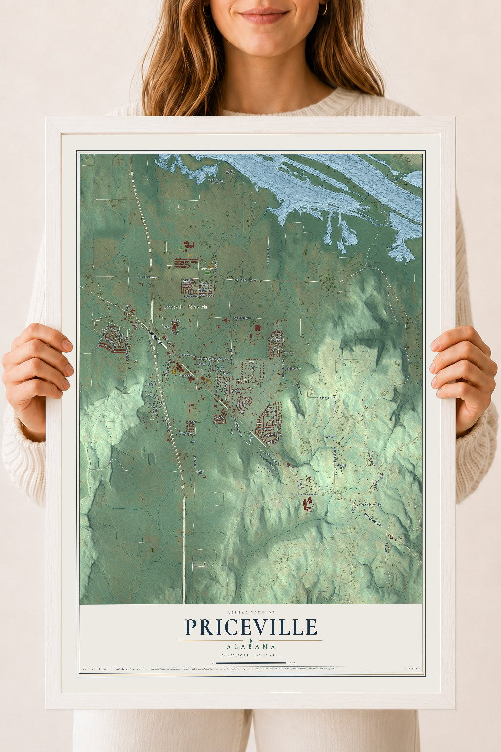 Map of Priceville, Alabama, 18 x 24 inch print in a white wood frame