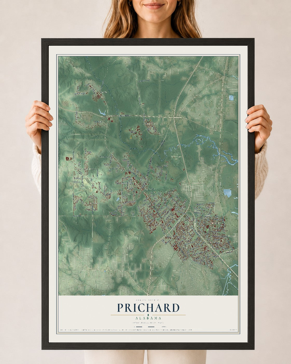 Map of Prichard, Alabama, 24 x 36 inch print in a black wood frame
