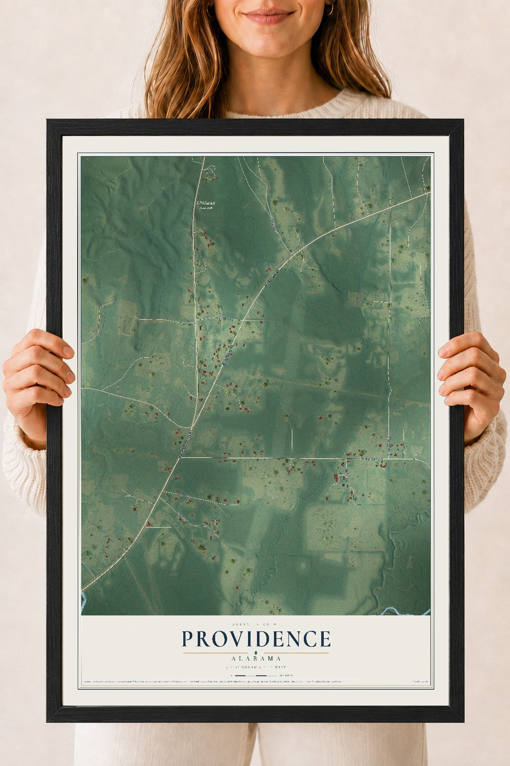Map of Providence, Alabama, 18 x 24 inch print in a black wood frame