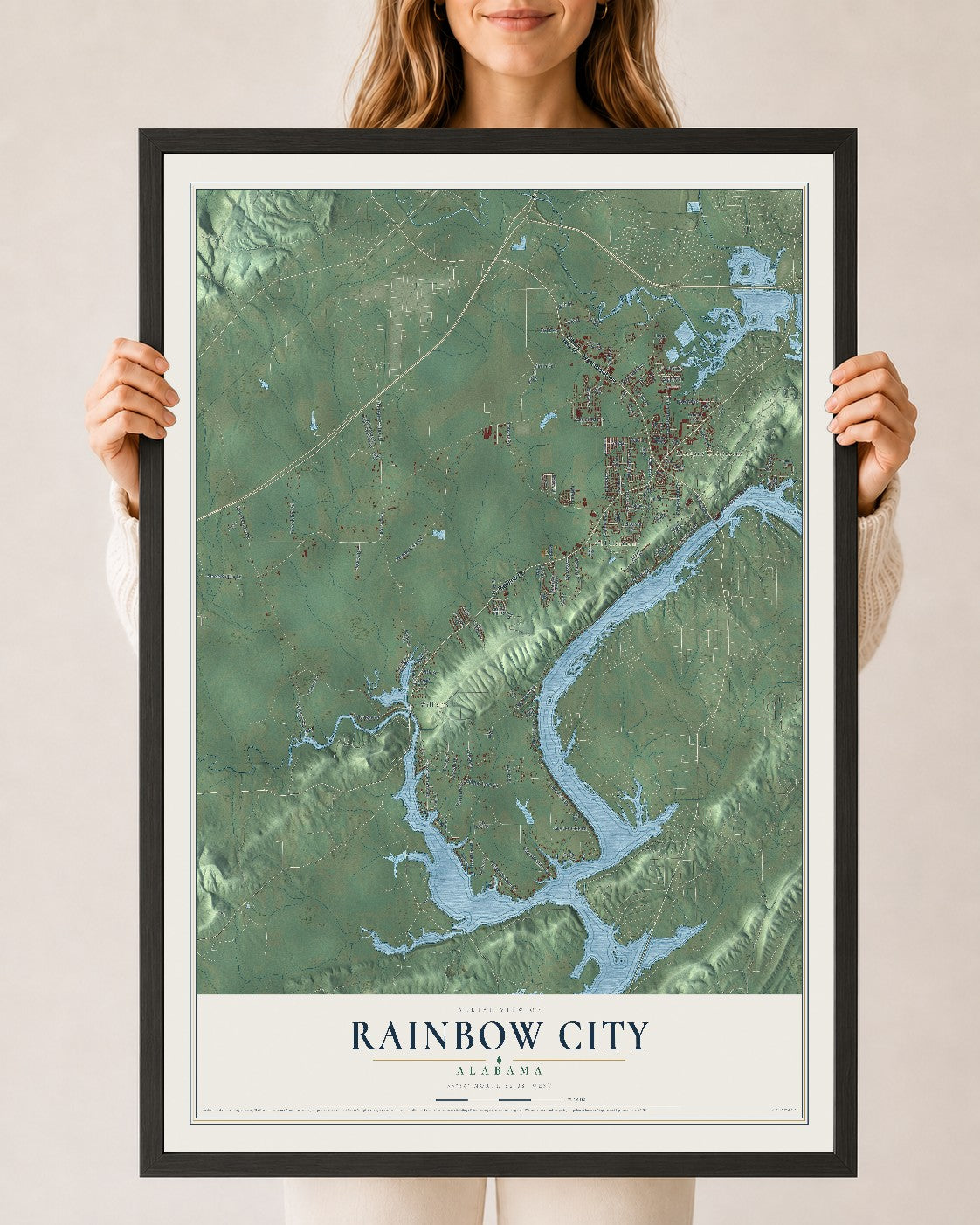 Map of Rainbow City, Alabama, 24 x 36 inch print in a black wood frame