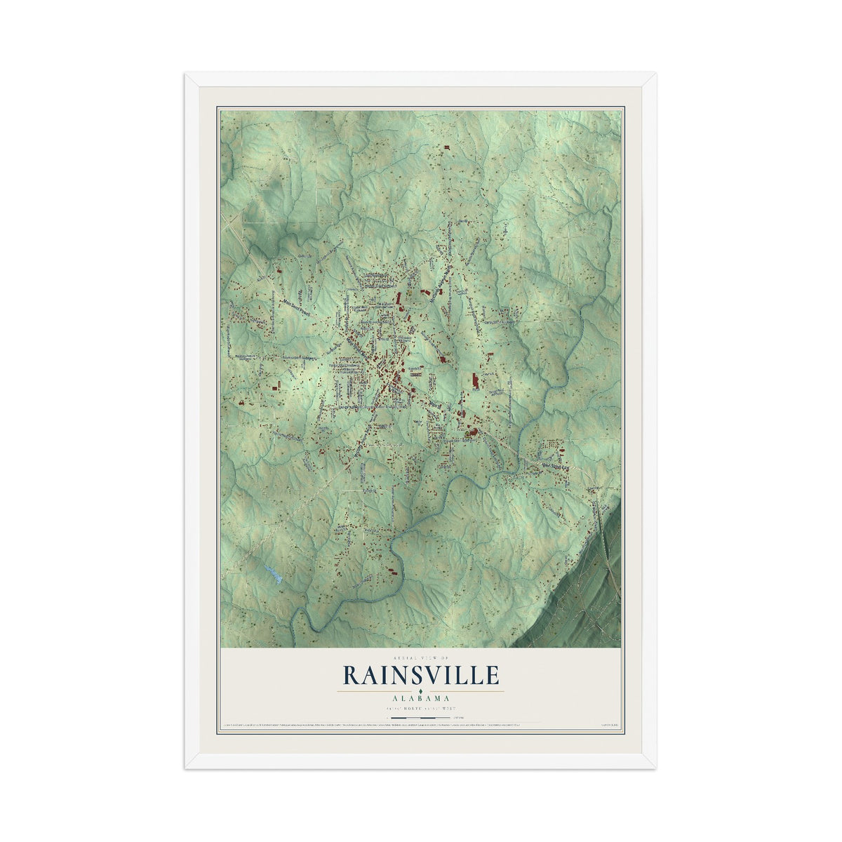 Map of Rainsville, Alabama, 12 x 18 inch print in a white wood frame
