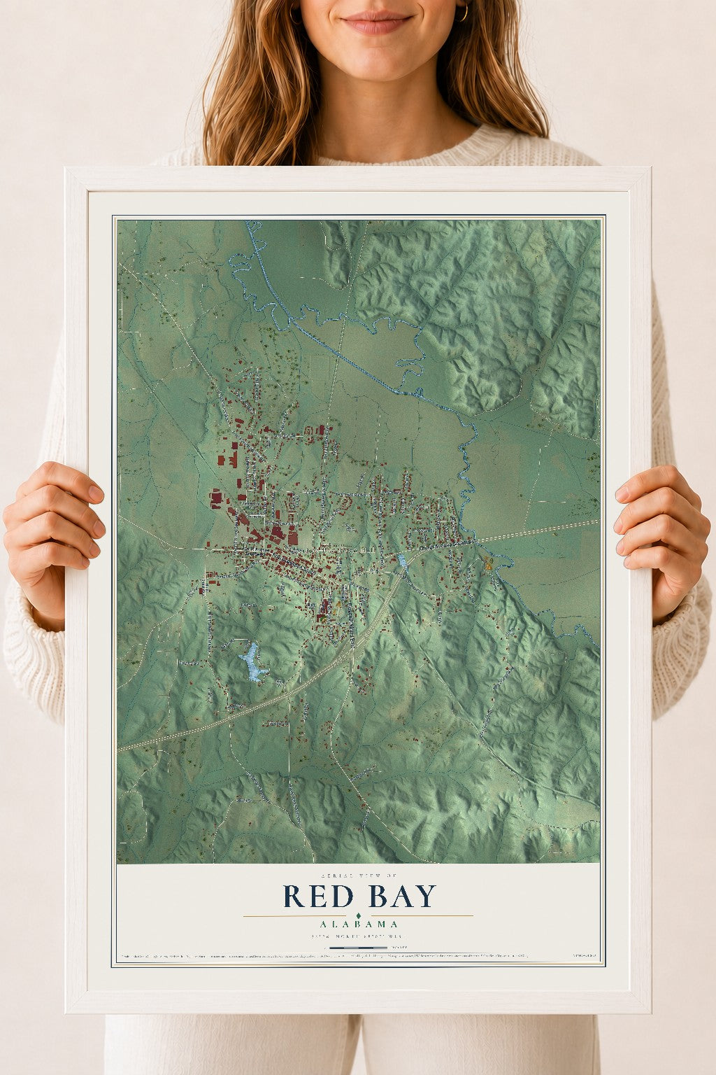 Map of Red Bay, Alabama, 18 x 24 inch print in a white wood frame