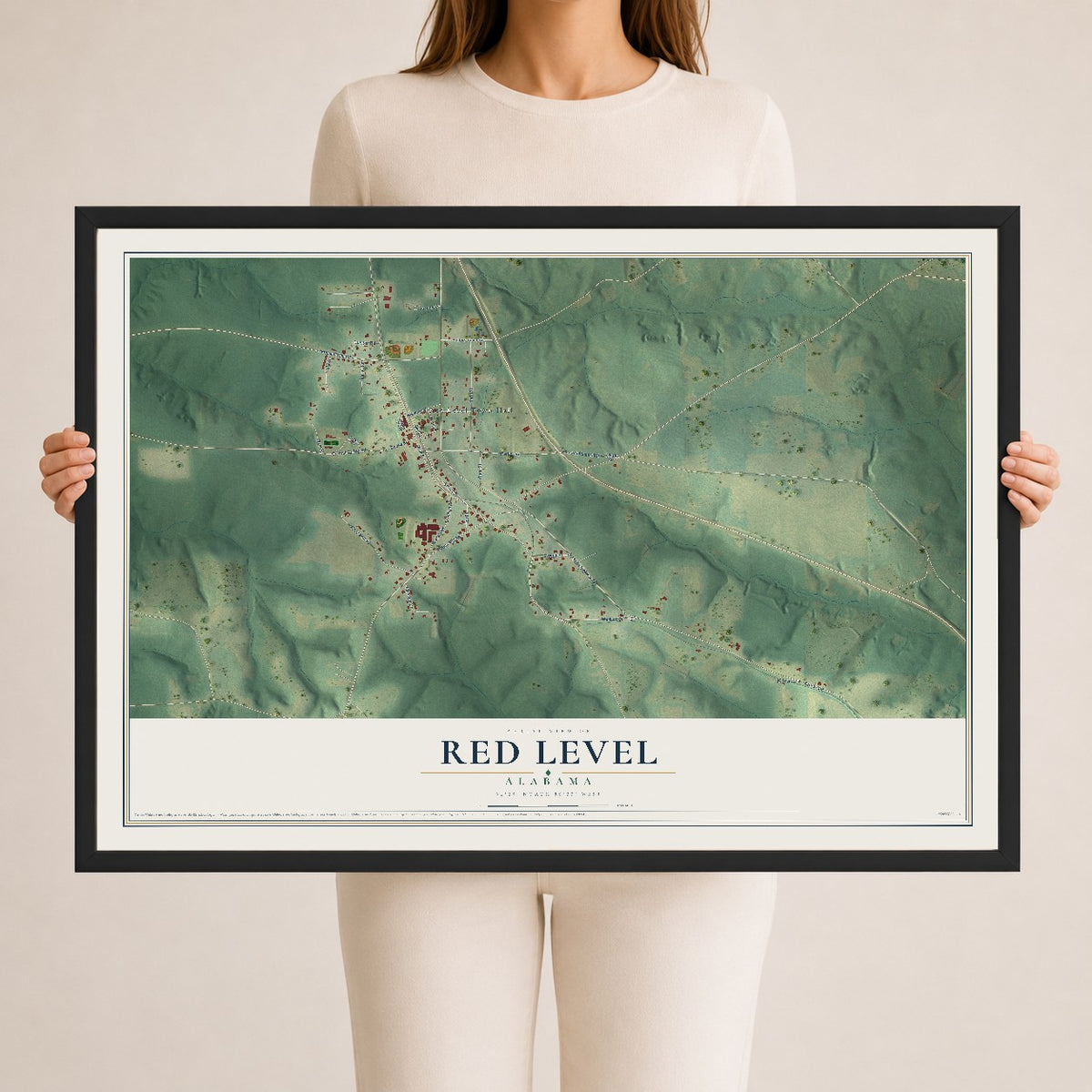 Map of Red Level, Alabama, 24 x 36 inch print in a black wood frame