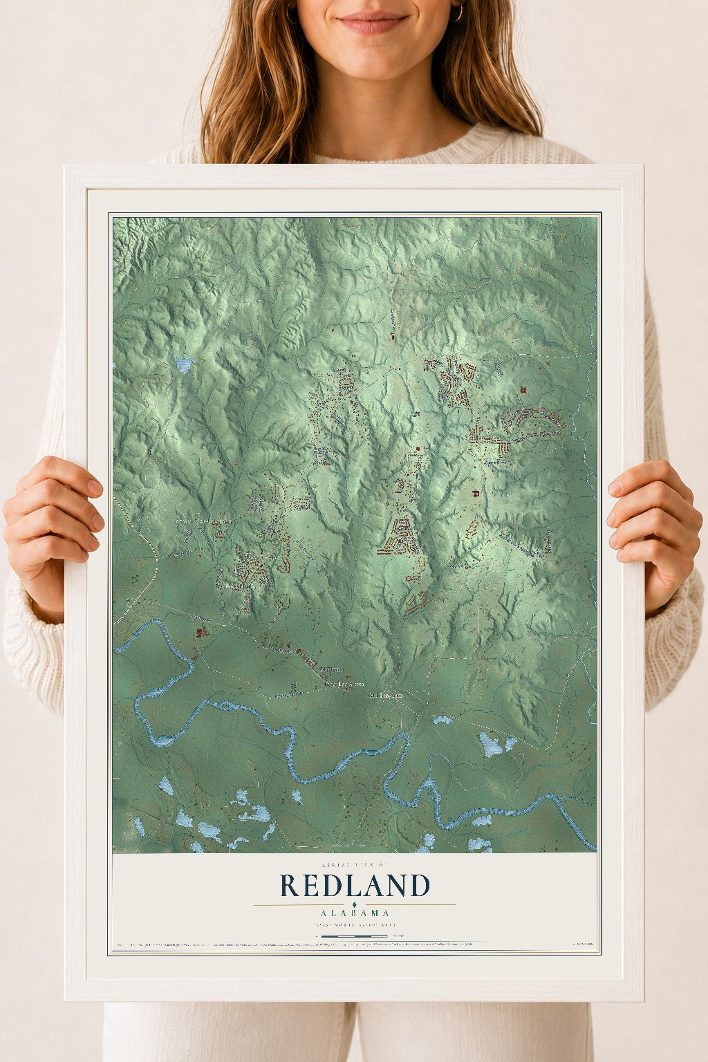 Map of Redland, Alabama, 18 x 24 inch print in a white wood frame