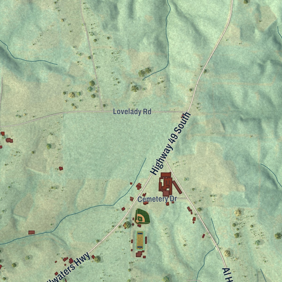Close-up of the map of Reeltown, Alabama print showing street and building detail