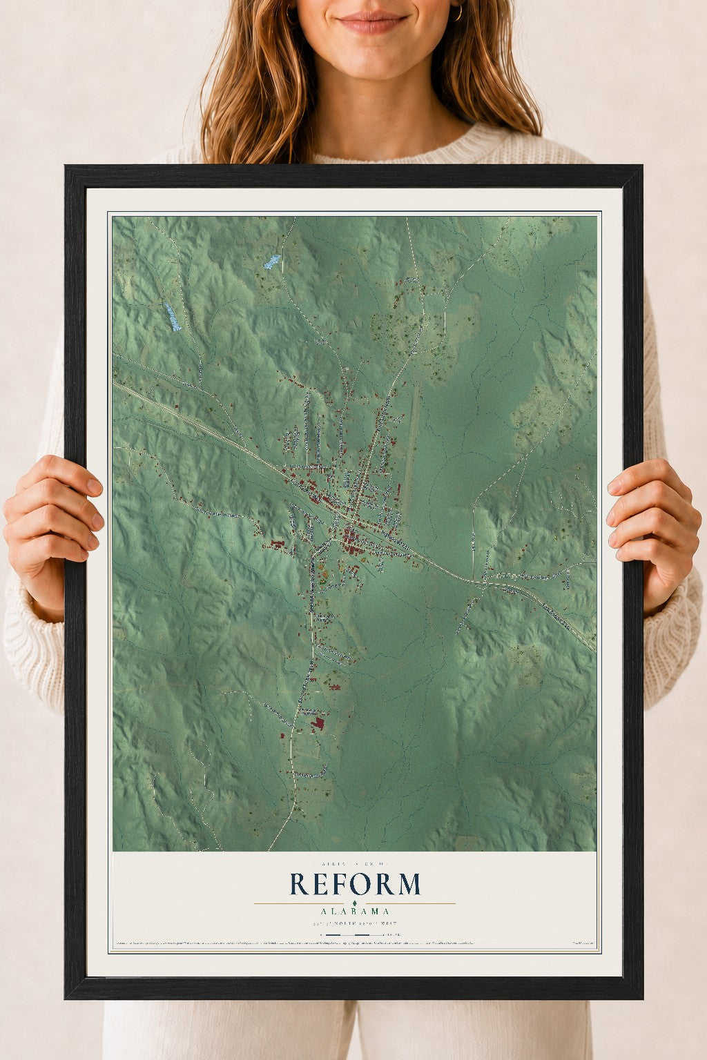 Map of Reform, Alabama, 18 x 24 inch print in a black wood frame