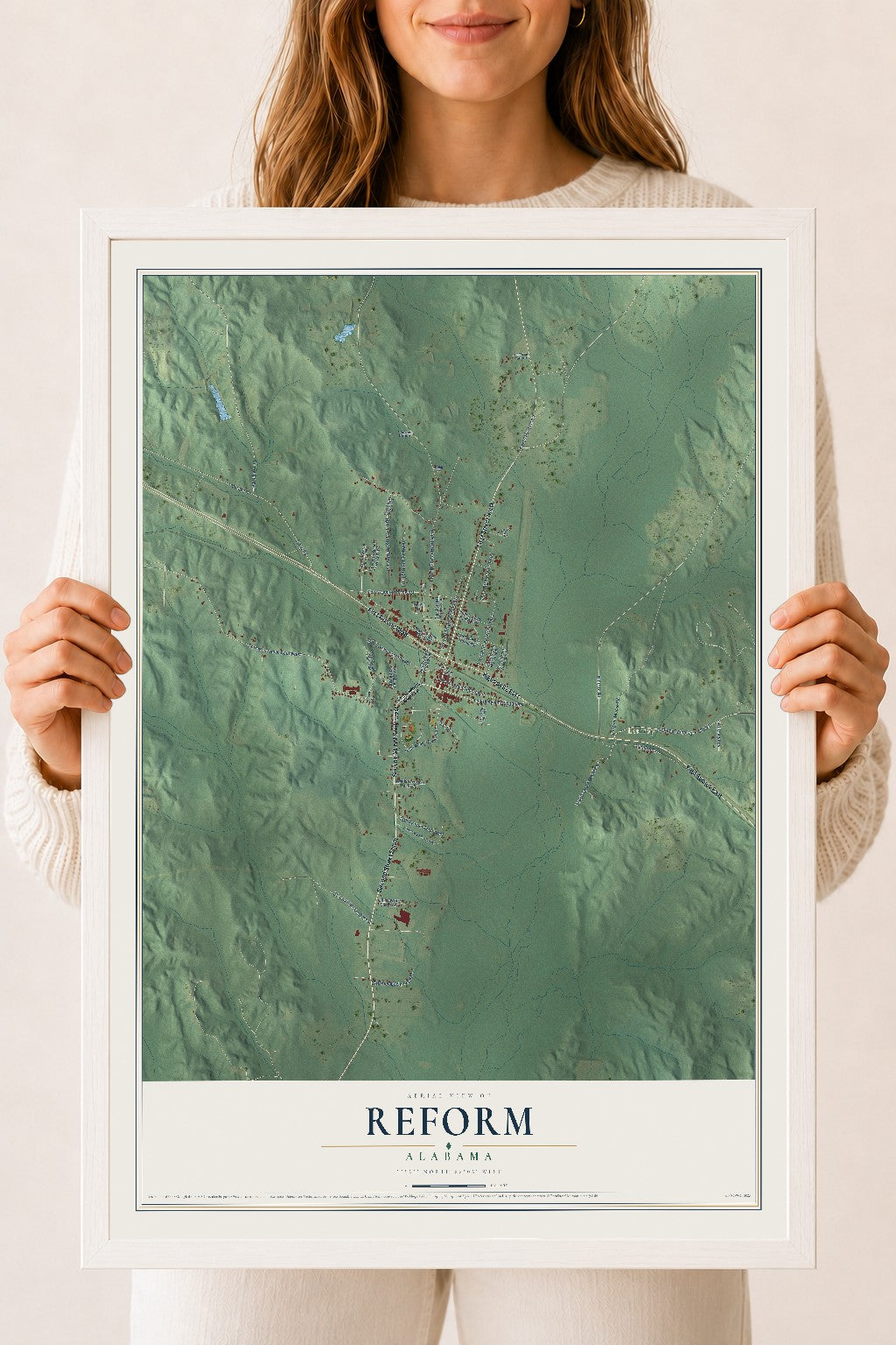 Map of Reform, Alabama, 18 x 24 inch print in a white wood frame