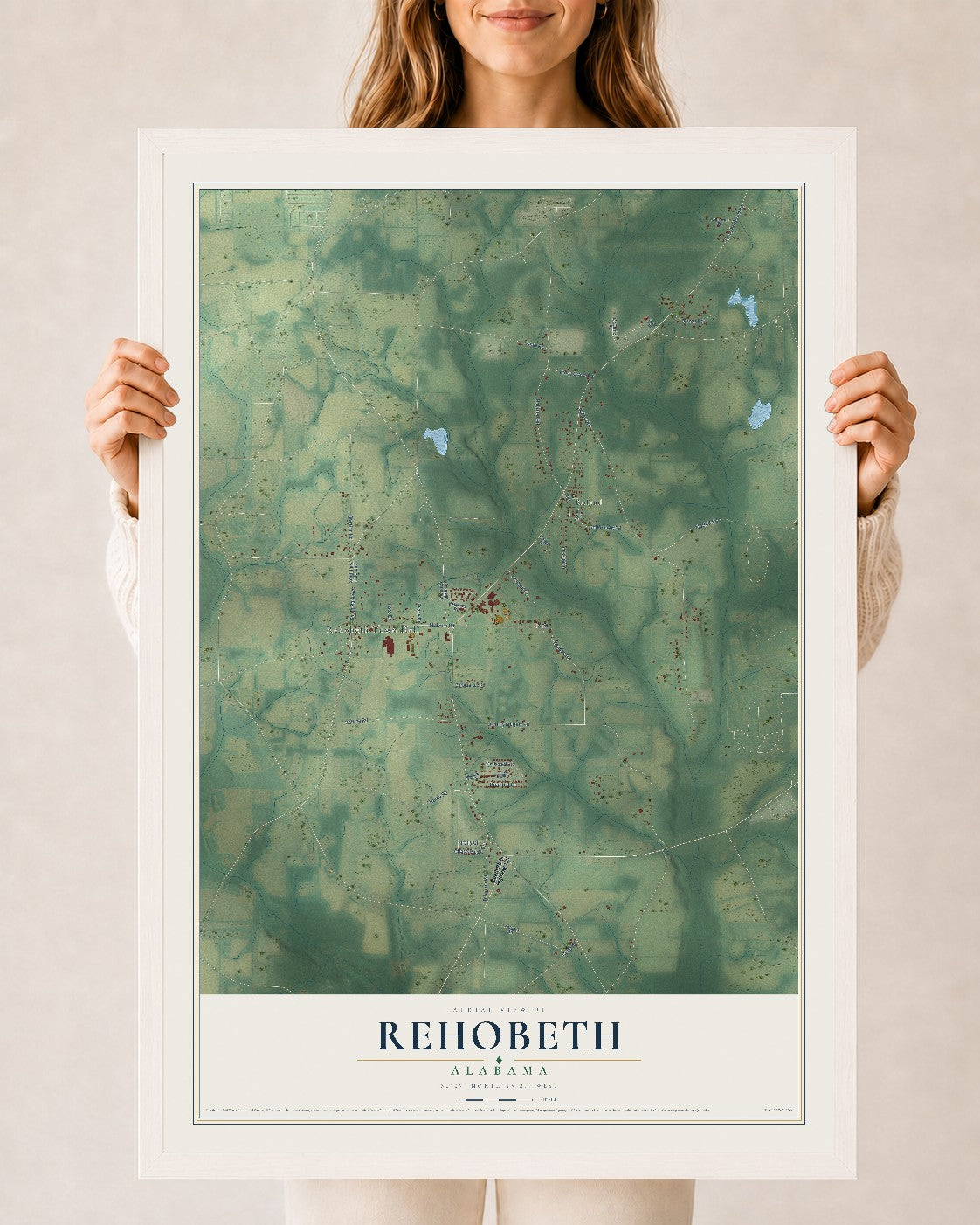 Map of Rehobeth, Alabama, 24 x 36 inch print in a white wood frame