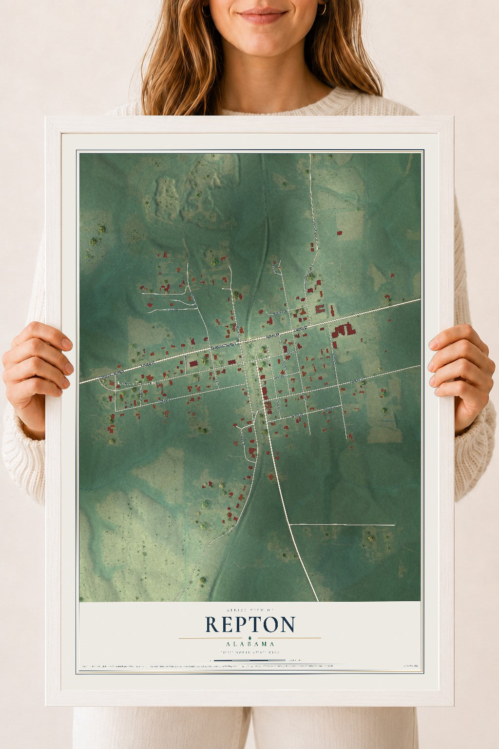 Map of Repton, Alabama, 18 x 24 inch print in a white wood frame
