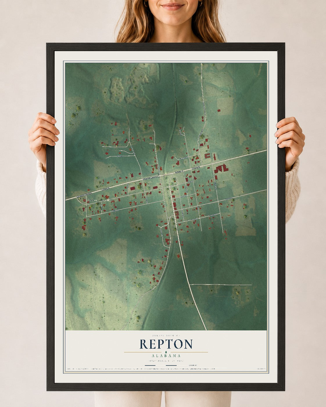 Map of Repton, Alabama, 24 x 36 inch print in a black wood frame