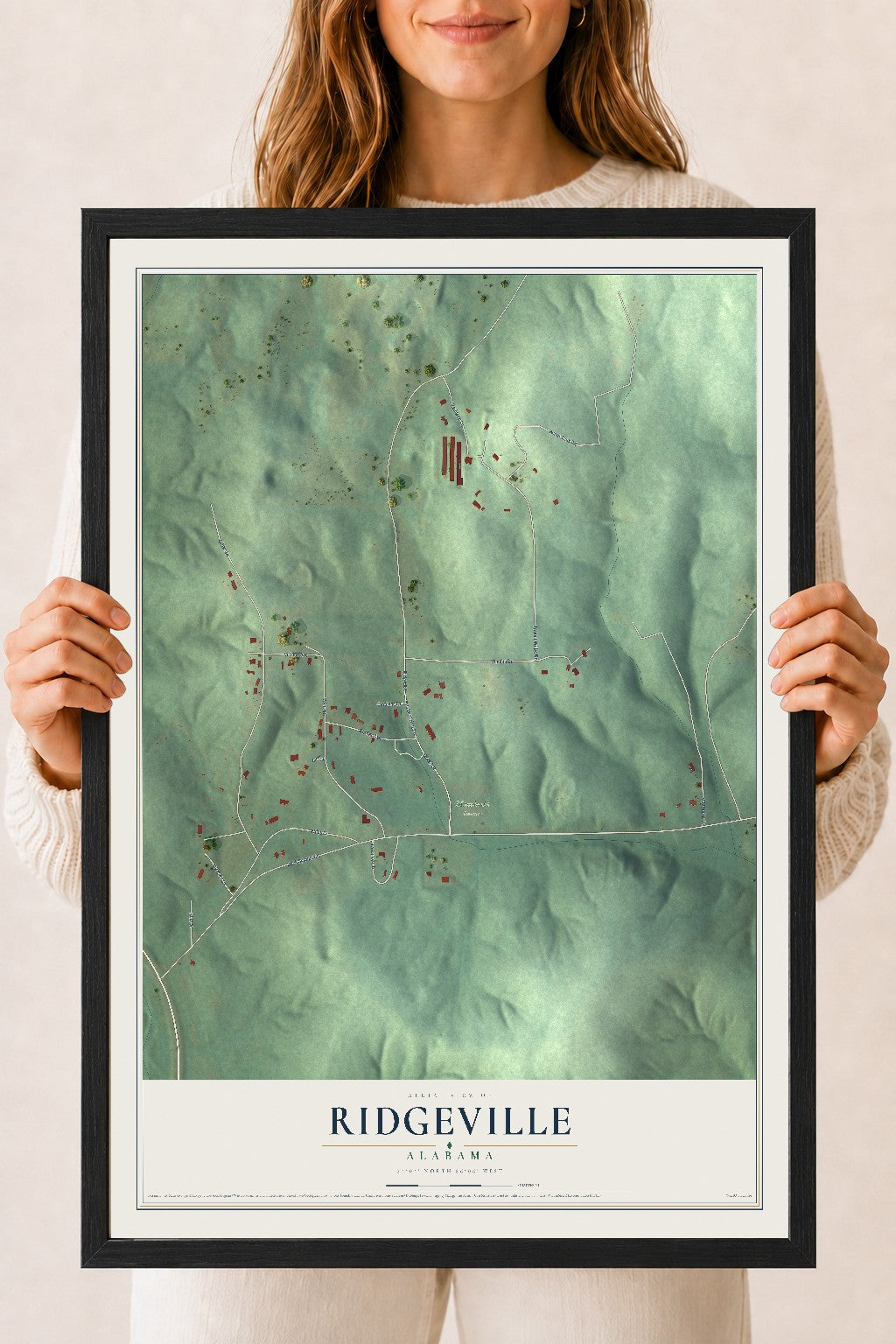 Map of Ridgeville, Alabama, 18 x 24 inch print in a black wood frame