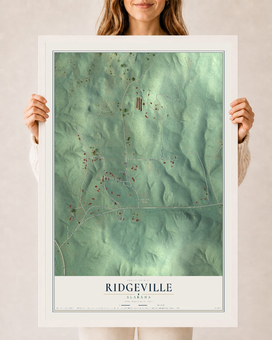 Map of Ridgeville, Alabama, 24 x 36 inch print in a white wood frame