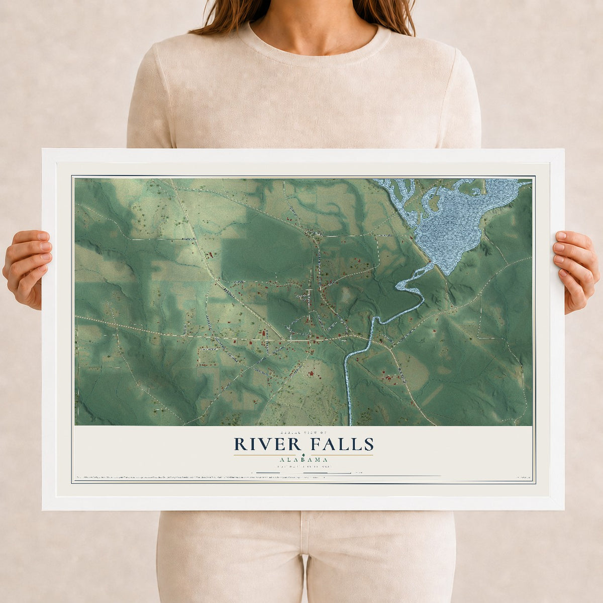 Map of River Falls, Alabama, 12 x 18 inch print in a white wood frame