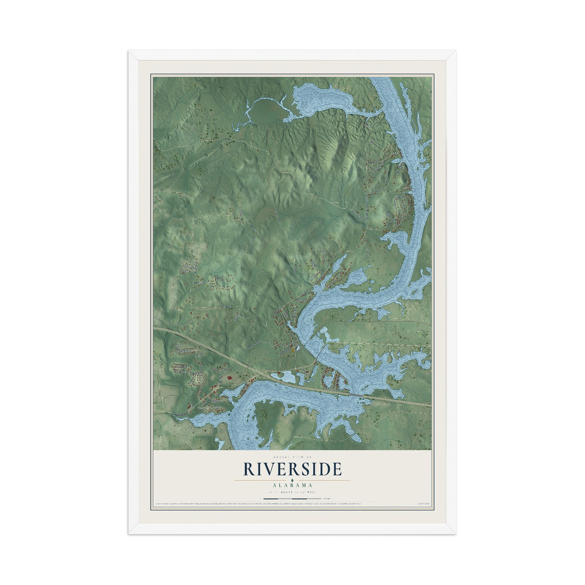 Map of Riverside, Alabama, 12 x 18 inch print in a white wood frame