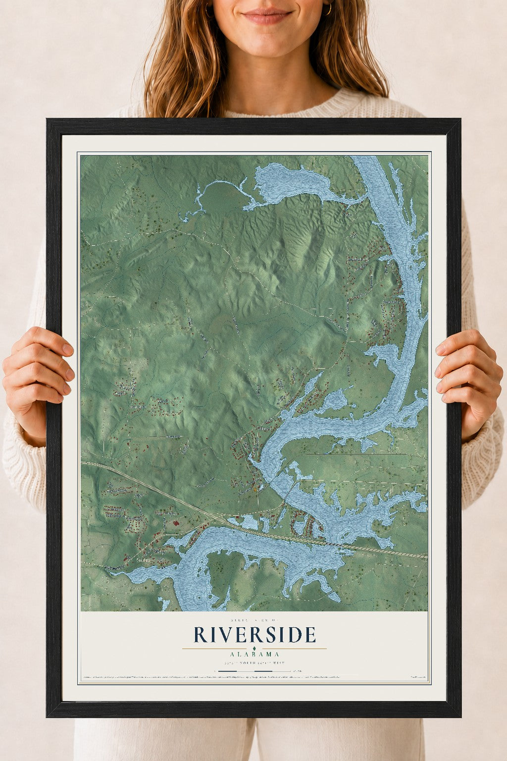 Map of Riverside, Alabama, 18 x 24 inch print in a black wood frame