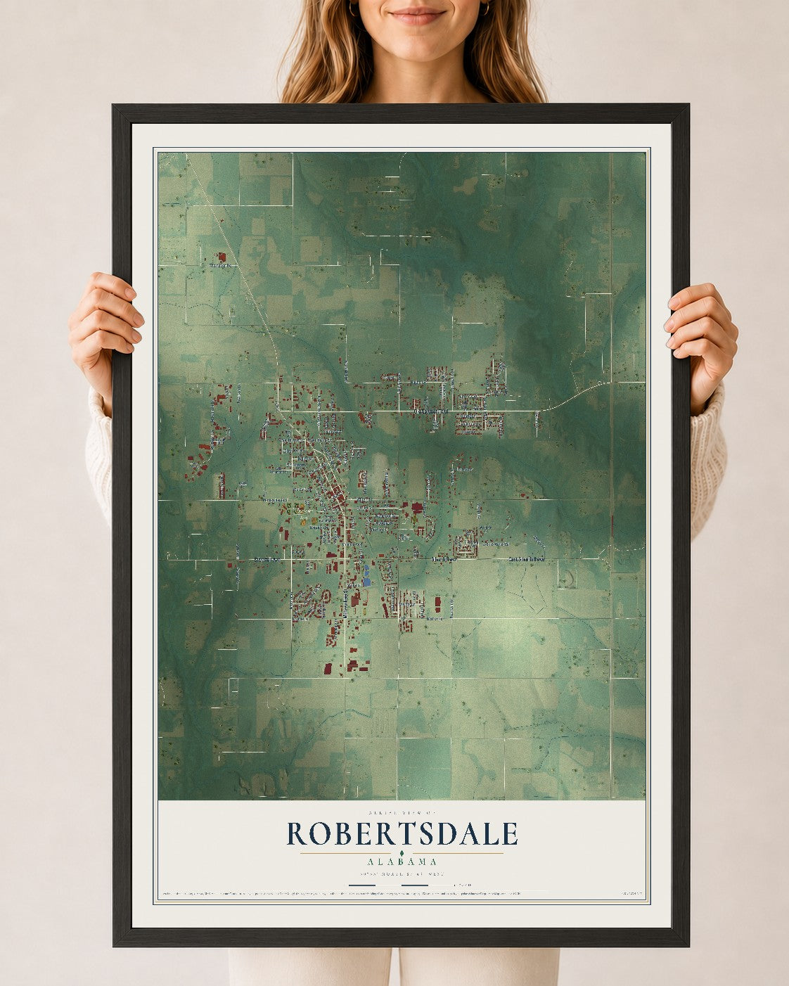 Map of Robertsdale, Alabama, 24 x 36 inch print in a black wood frame