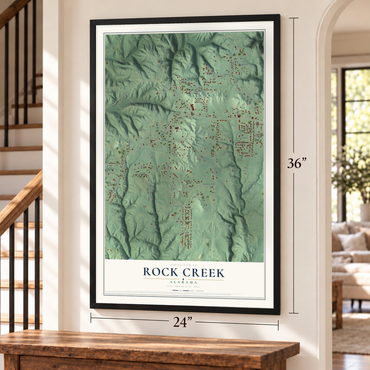 Rock Creek, Alabama map, 24 x 36 inch print in a black frame by a staircase