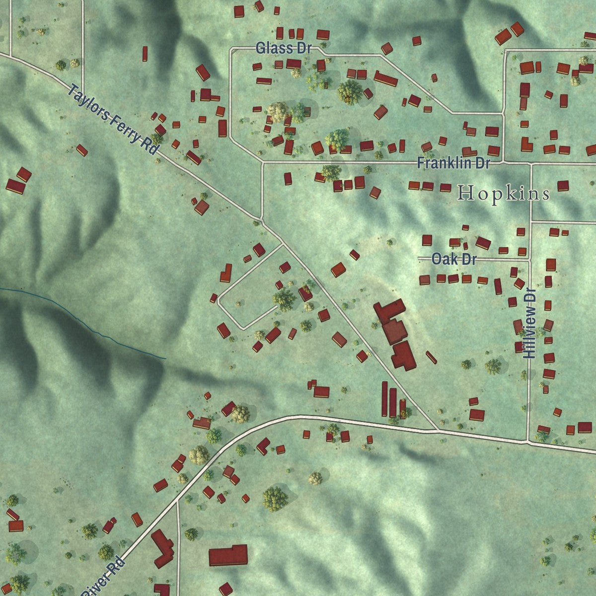Close-up of the map of Rock Creek, Alabama print showing street and building detail