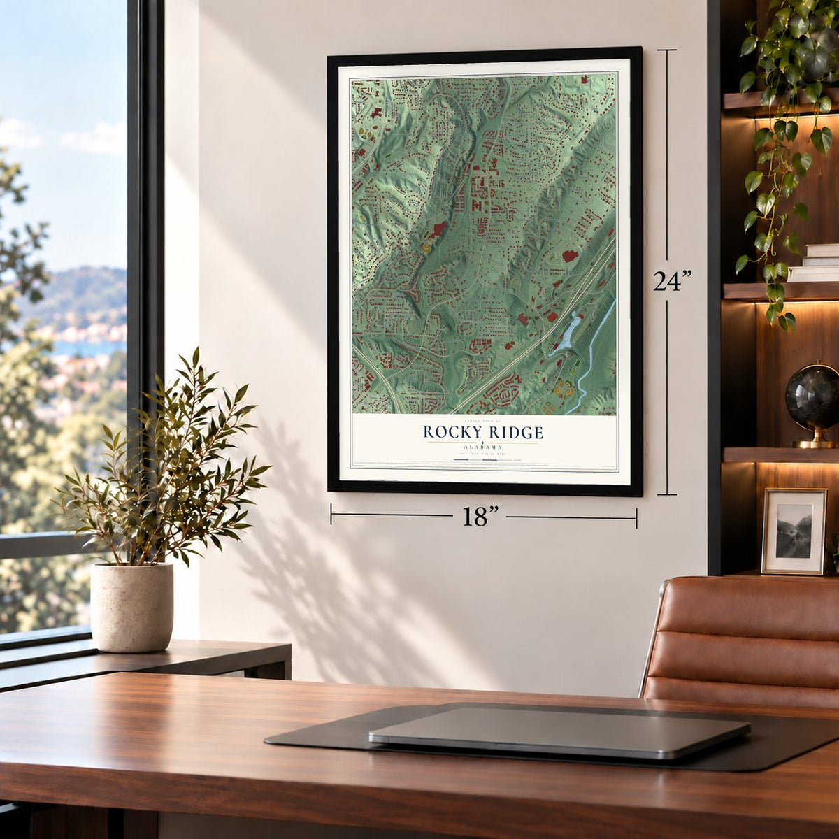 Rocky Ridge, Alabama map, 18 x 24 inch print in a black frame in a home office
