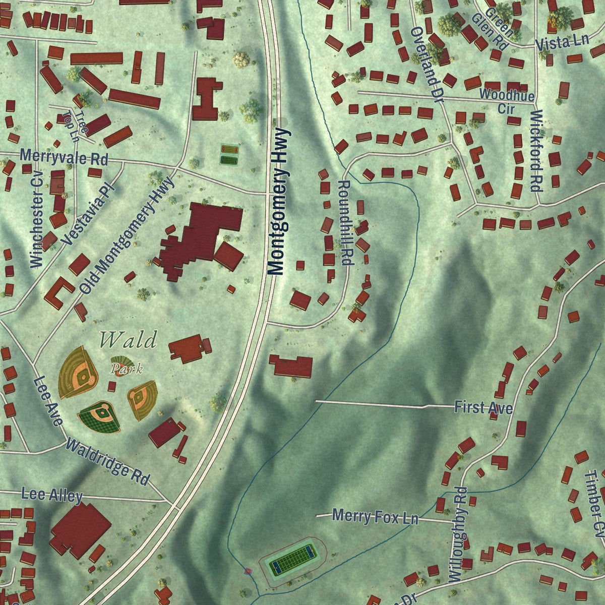 Close-up of the map of Rocky Ridge, Alabama print showing street and building detail