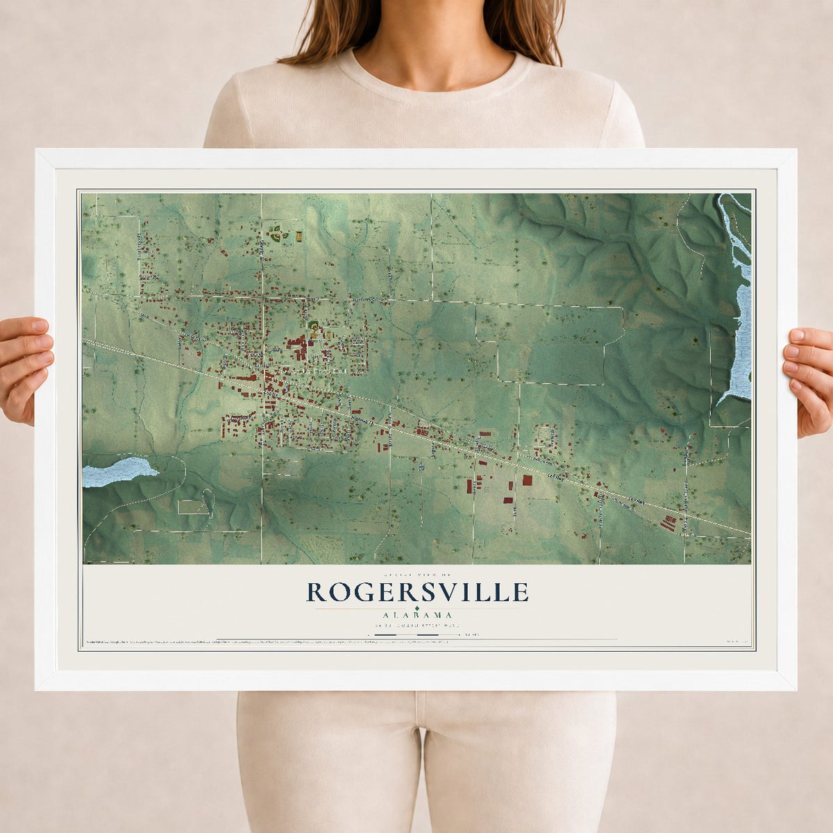 Map of Rogersville, Alabama, 18 x 24 inch print in a white wood frame