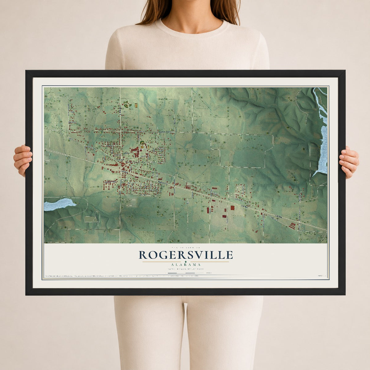 Map of Rogersville, Alabama, 24 x 36 inch print in a black wood frame