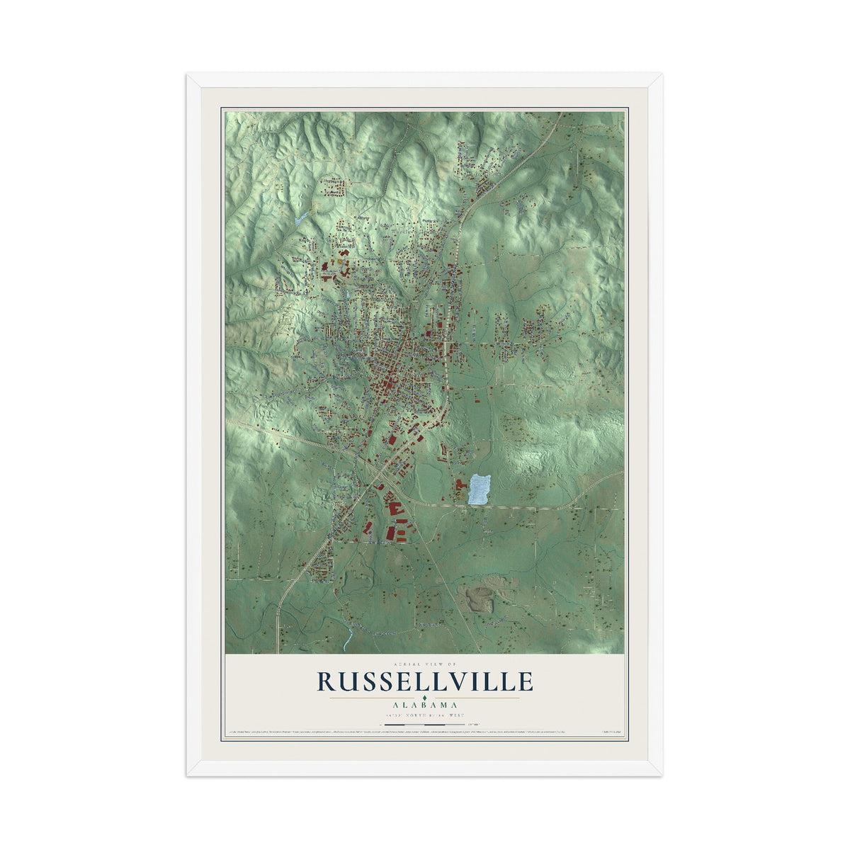 Map of Russellville, Alabama, 12 x 18 inch print in a white wood frame