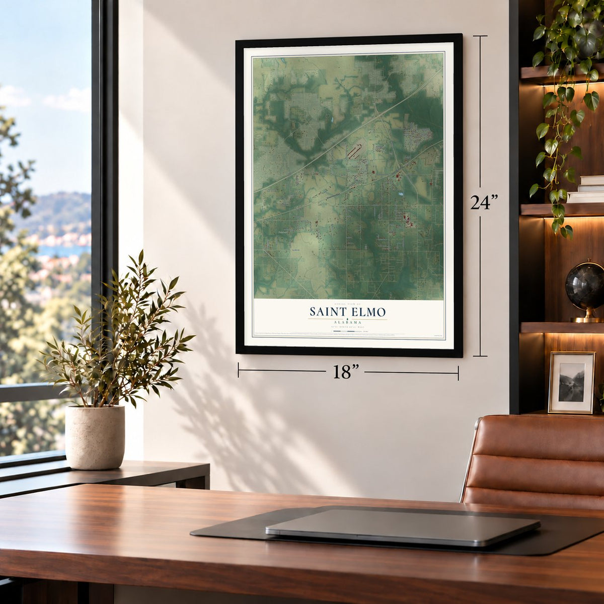 Saint Elmo, Alabama map, 18 x 24 inch print in a black frame in a home office