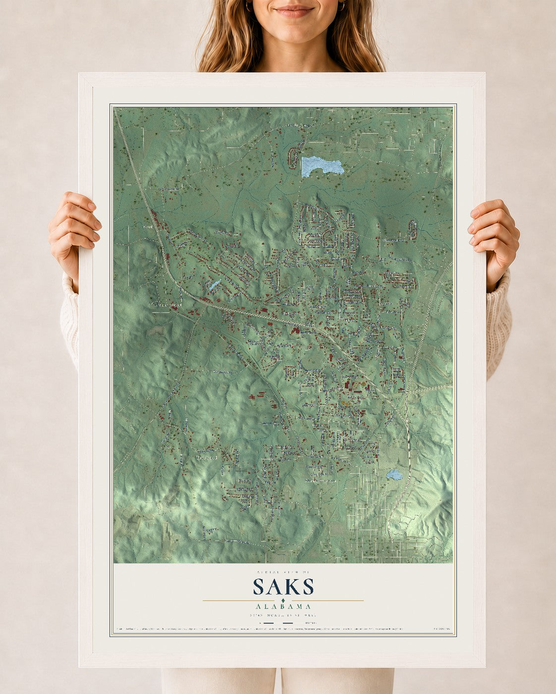 Map of Saks, Alabama, 24 x 36 inch print in a white wood frame