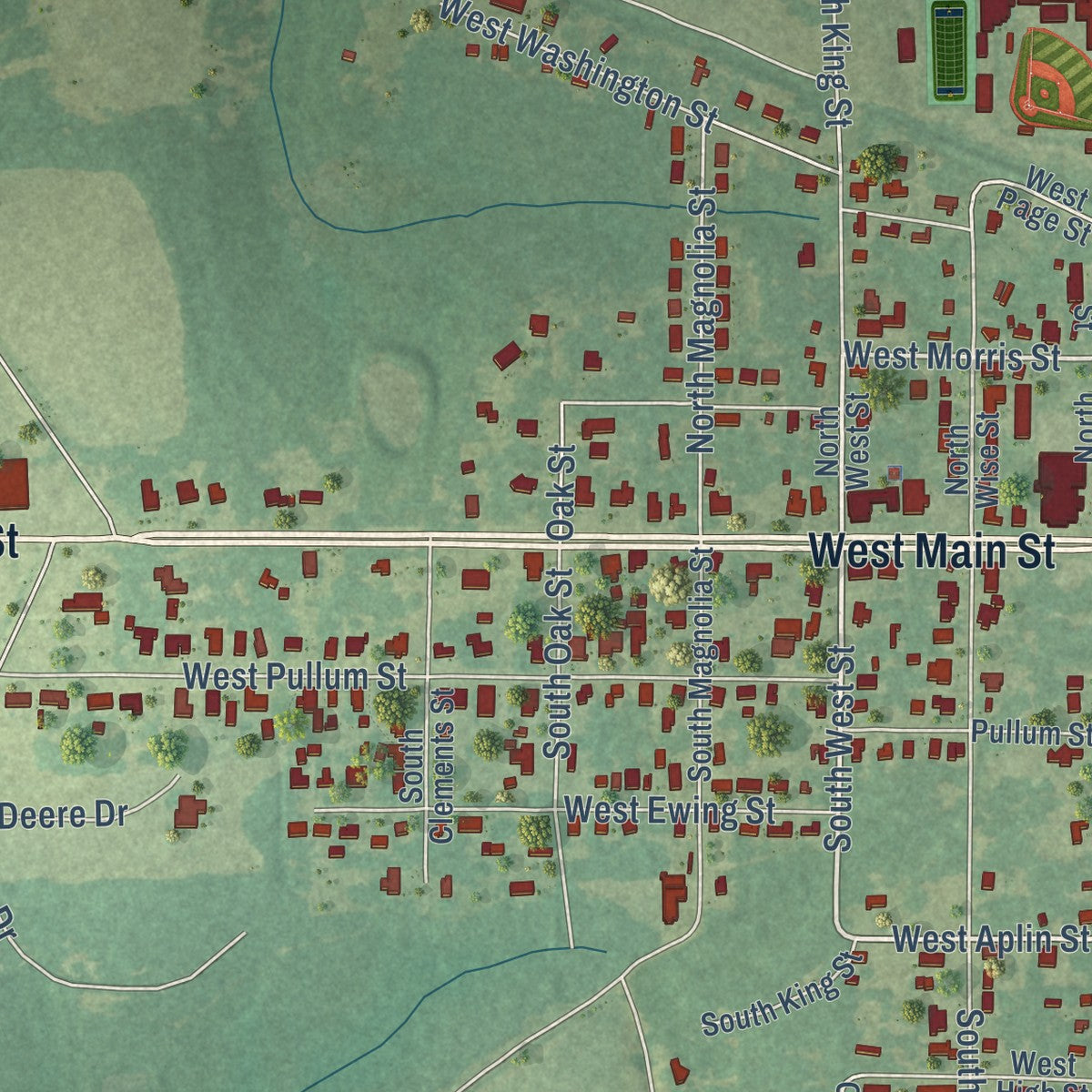 Close-up of the map of Samson, Alabama print showing street and building detail