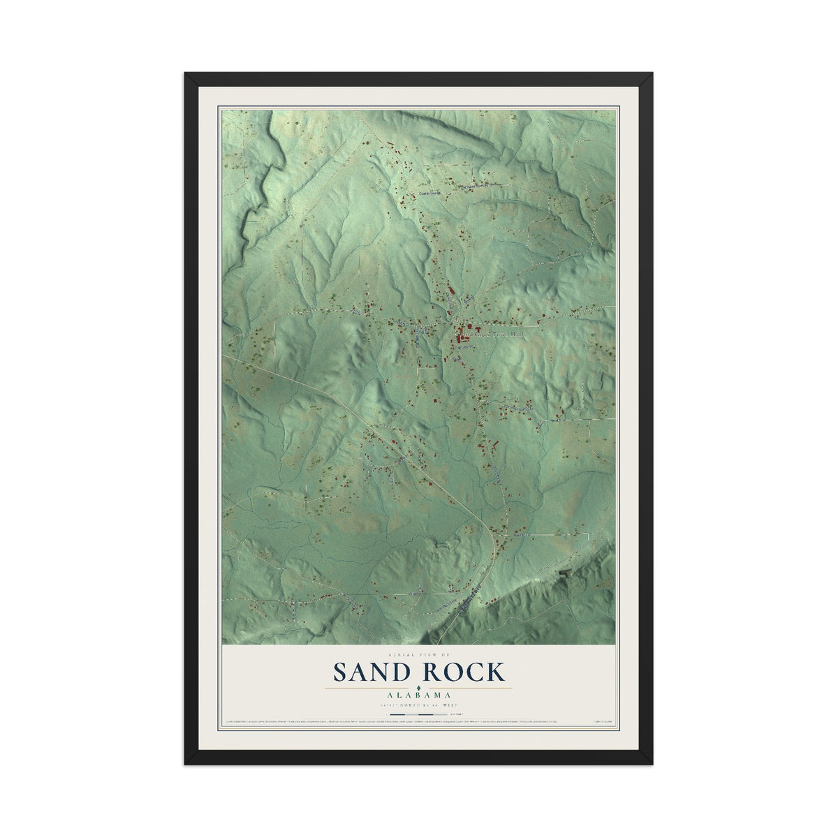 Map of Sand Rock, Alabama, 12 x 18 inch print in a black wood frame