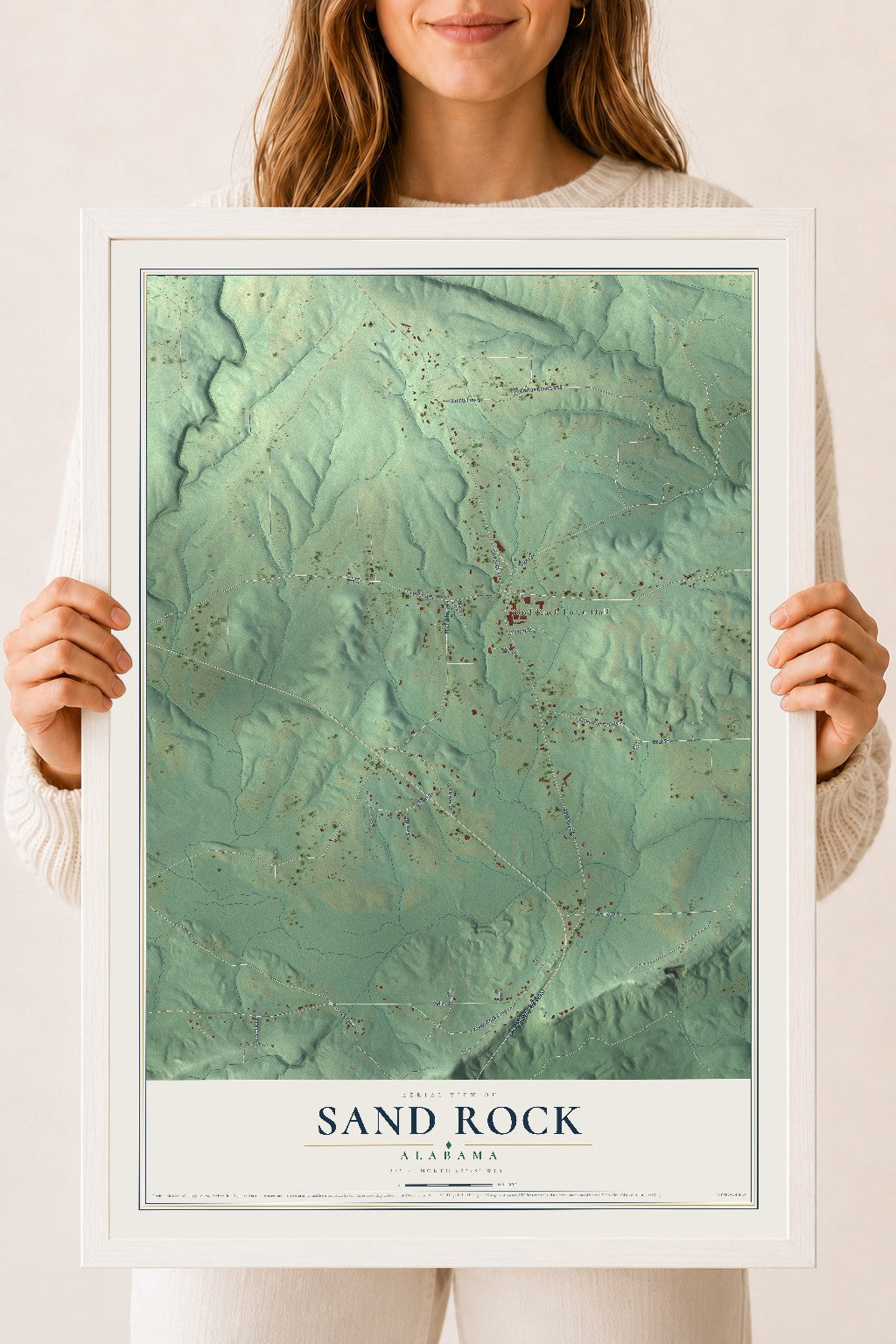 Map of Sand Rock, Alabama, 18 x 24 inch print in a white wood frame