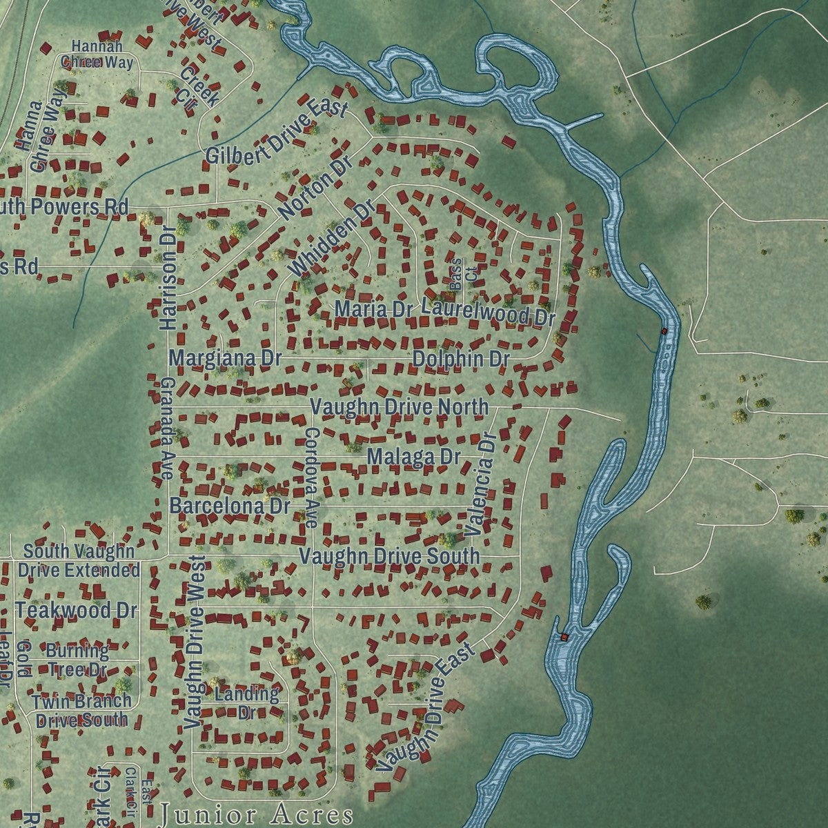 Second close-up of the map of Satsuma, Alabama print showing more streets and buildings
