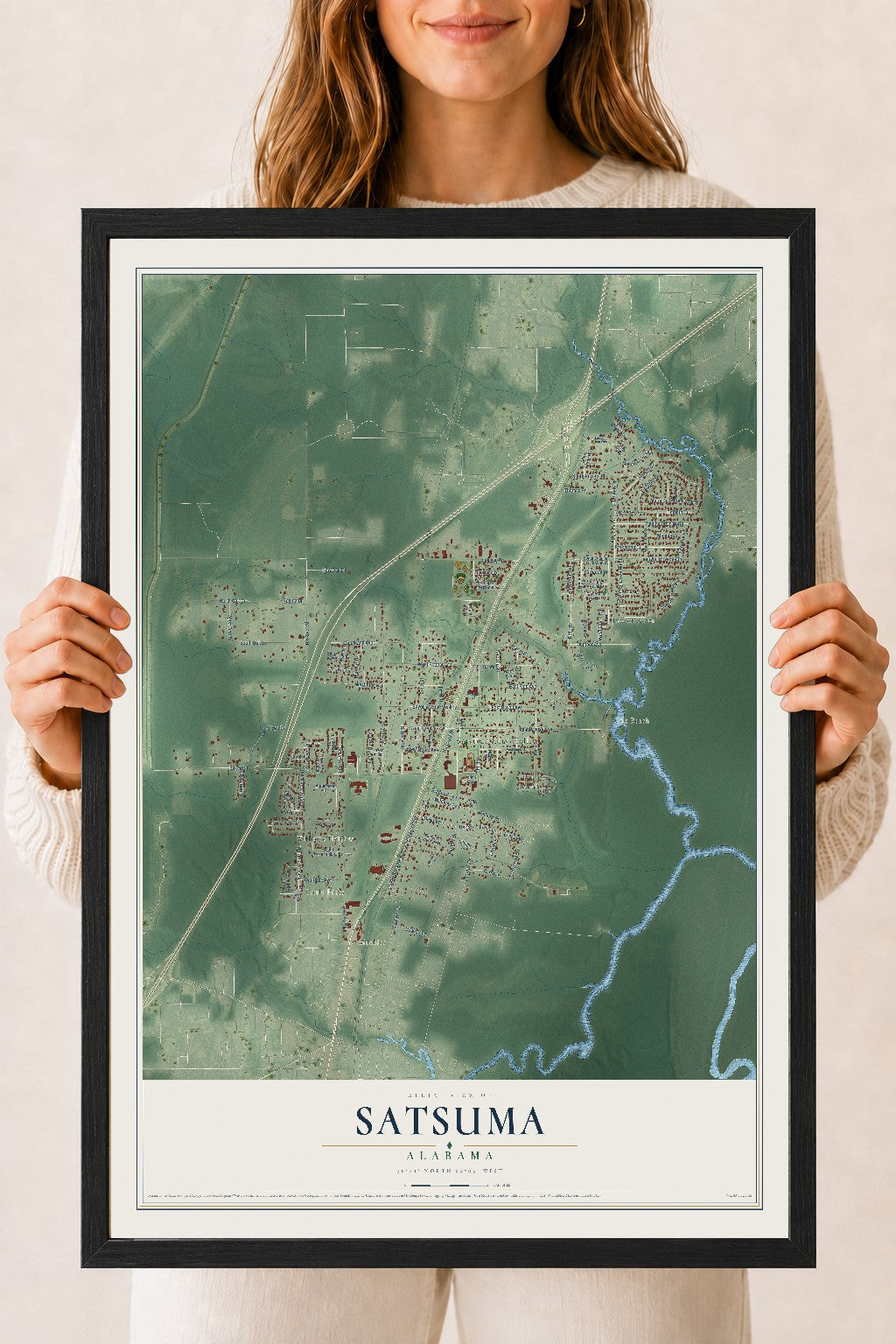 Map of Satsuma, Alabama, 18 x 24 inch print in a black wood frame