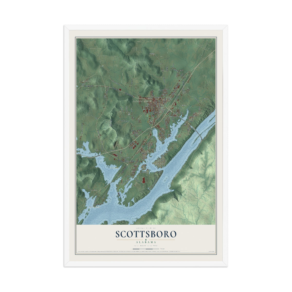 Map of Scottsboro, Alabama, 12 x 18 inch print in a white wood frame