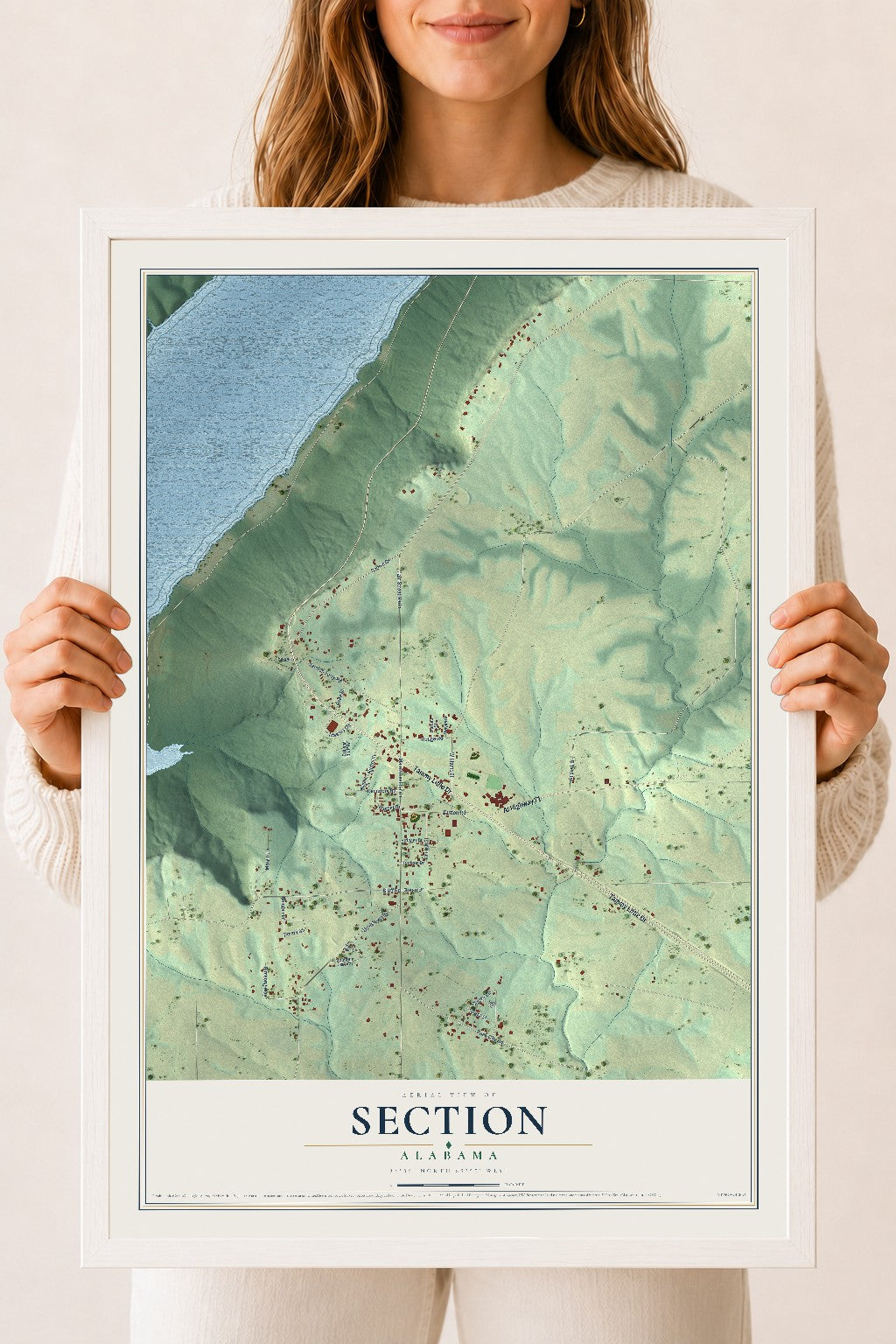 Map of Section, Alabama, 18 x 24 inch print in a white wood frame