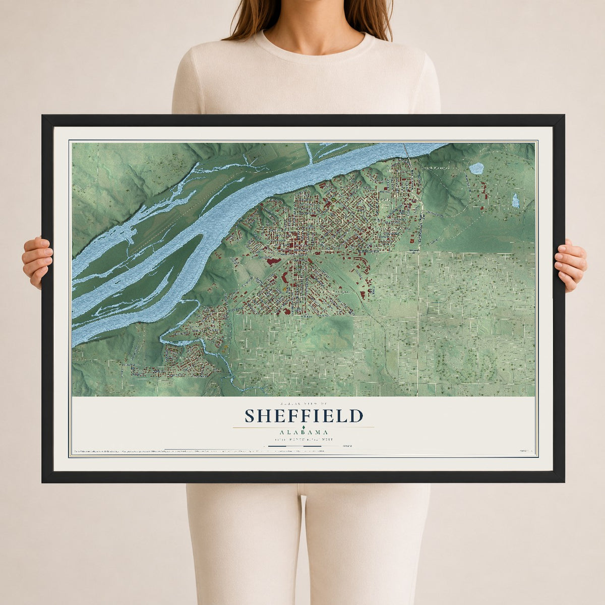 Map of Sheffield, Alabama, 24 x 36 inch print in a black wood frame