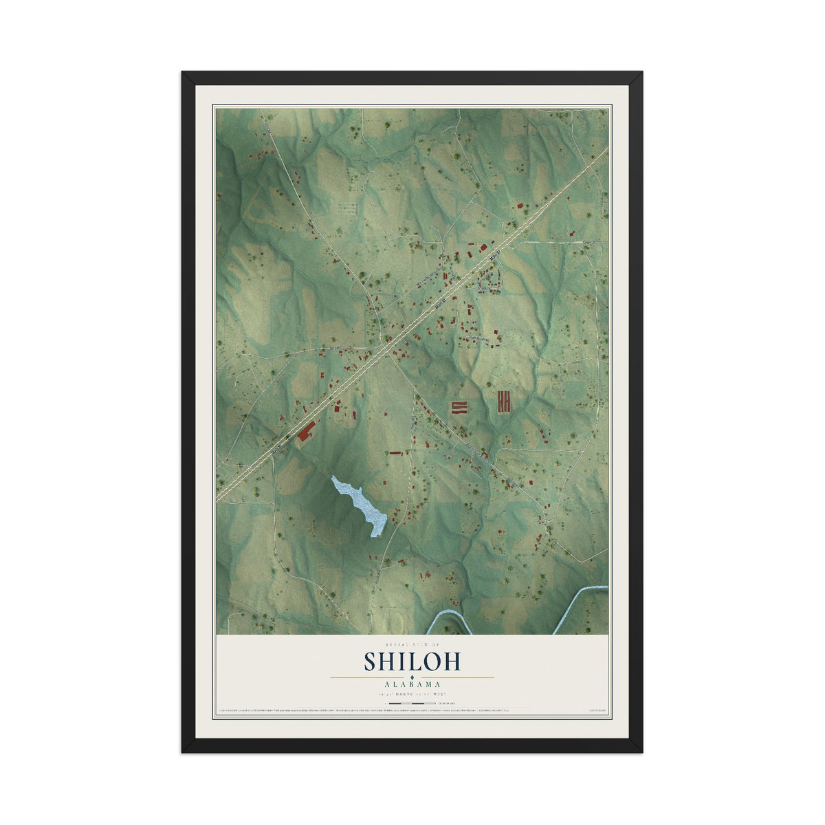 Map of Shiloh, Alabama, 12 x 18 inch print in a black wood frame