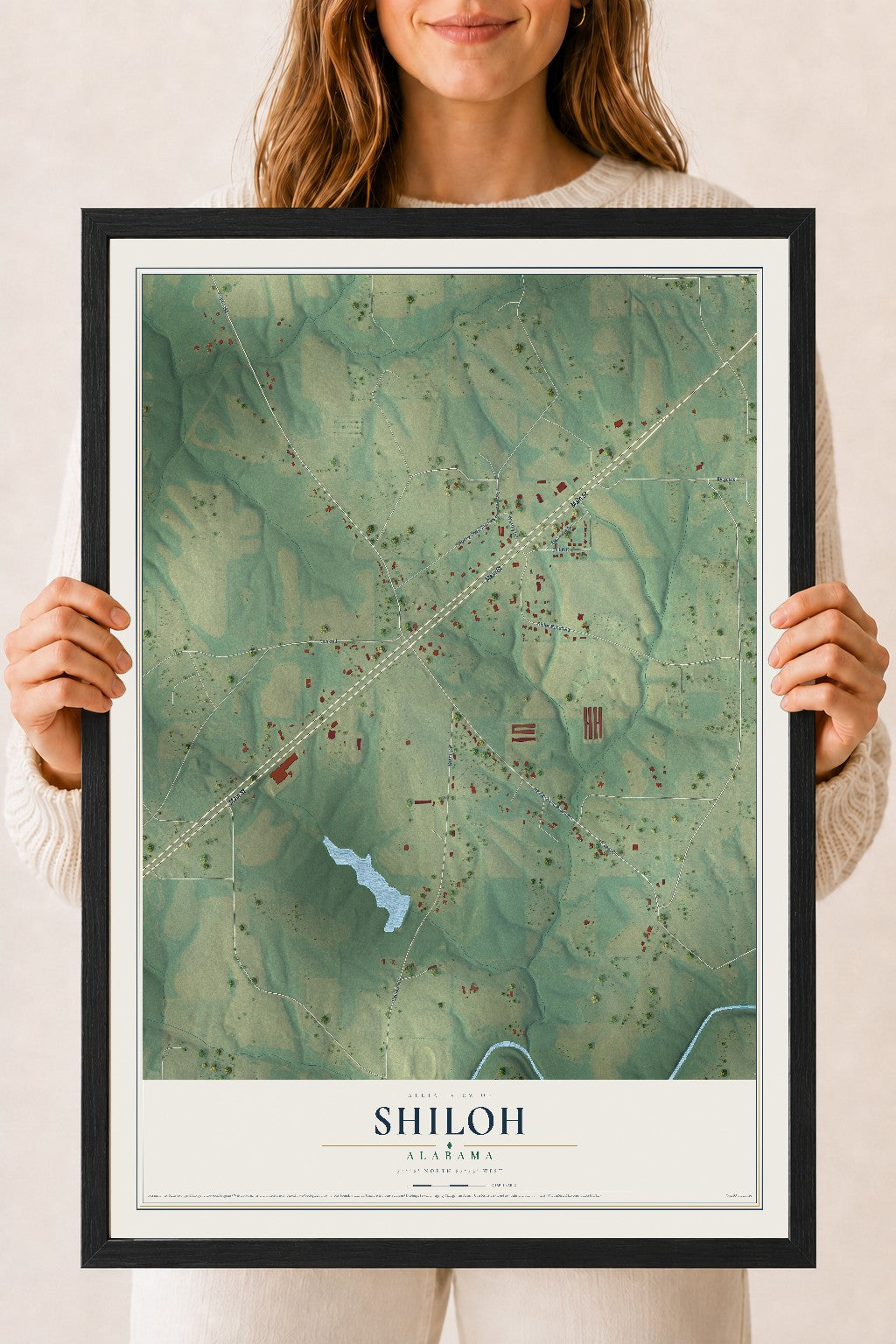 Map of Shiloh, Alabama, 18 x 24 inch print in a black wood frame