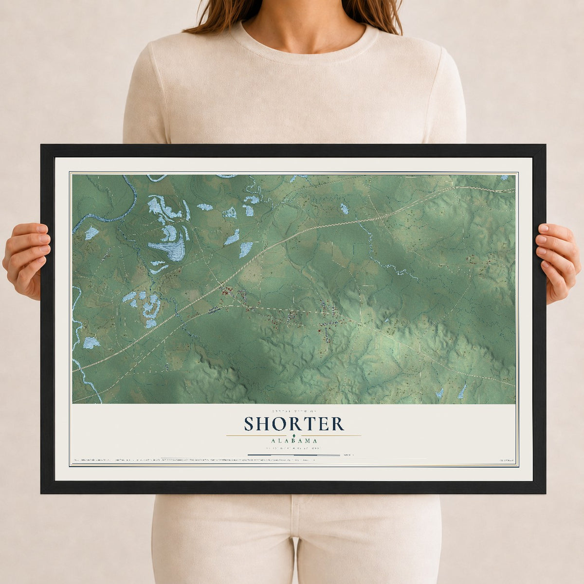 Map of Shorter, Alabama, 12 x 18 inch print in a black wood frame