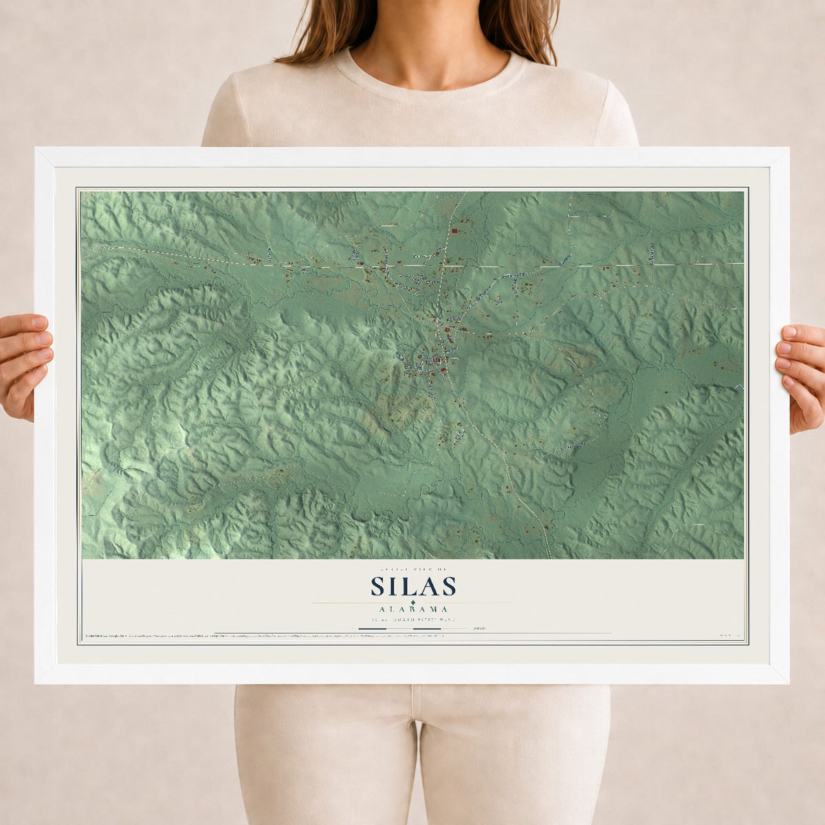 Map of Silas, Alabama, 18 x 24 inch print in a white wood frame
