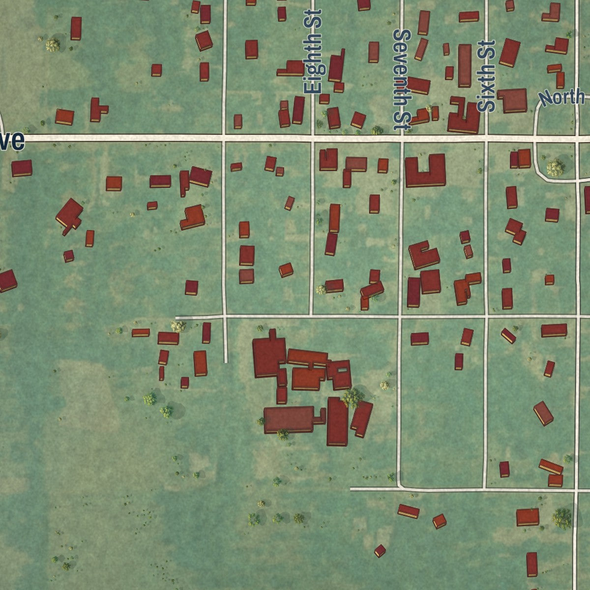 Close-up of the map of Silverhill, Alabama print showing street and building detail
