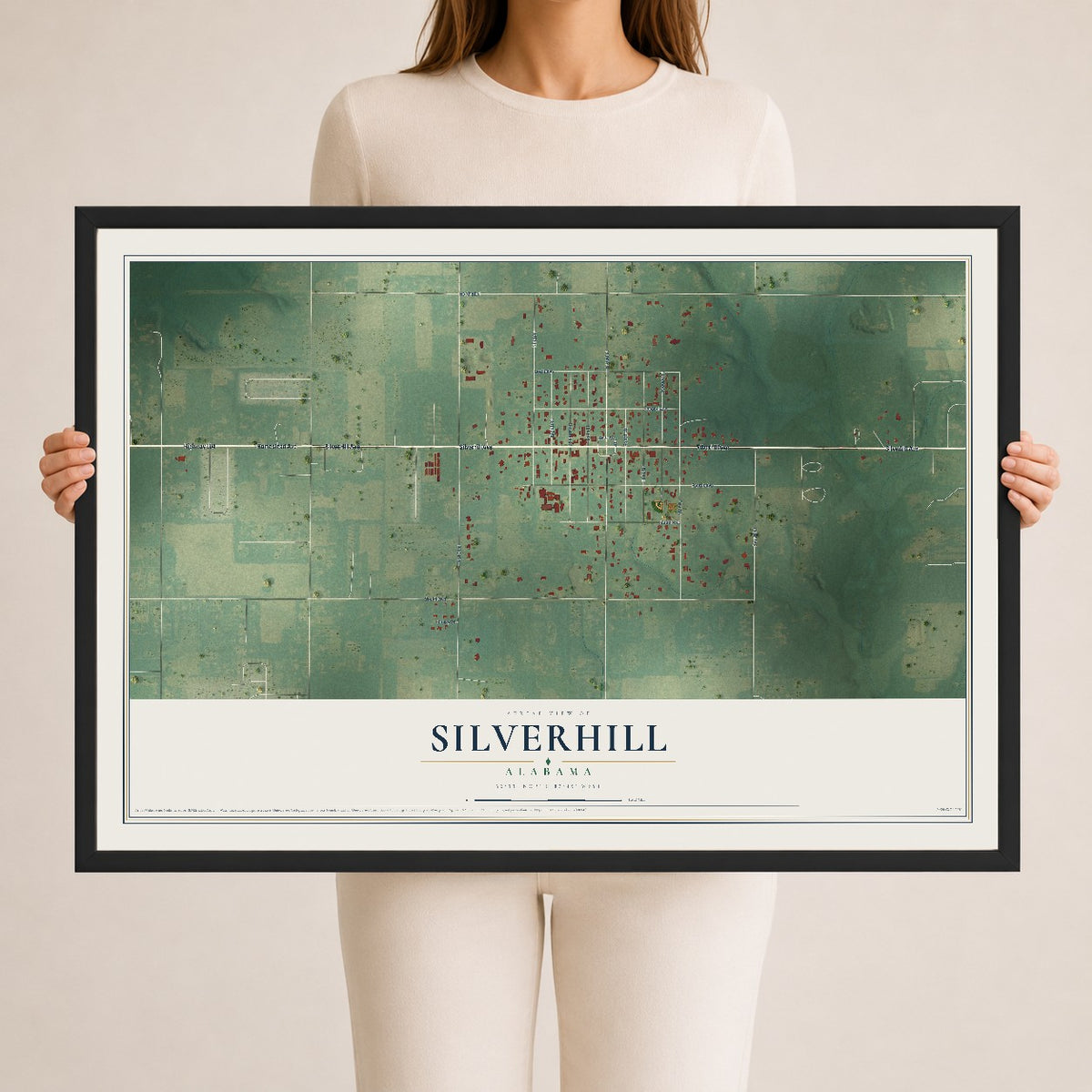 Map of Silverhill, Alabama, 24 x 36 inch print in a black wood frame