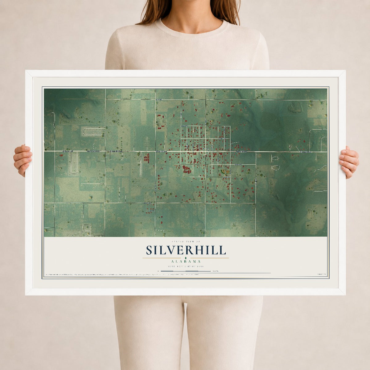 Map of Silverhill, Alabama, 24 x 36 inch print in a white wood frame